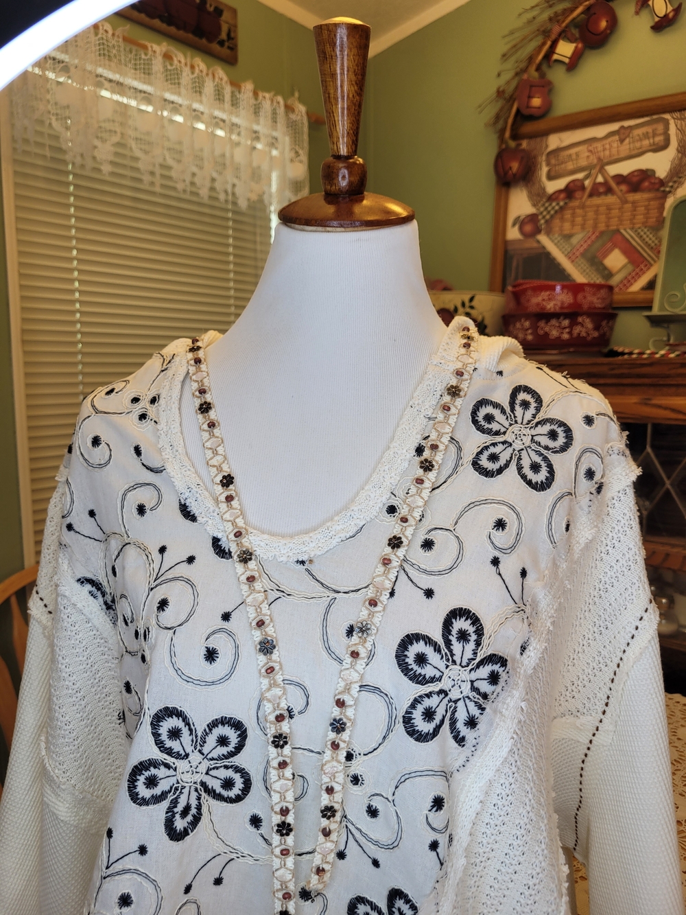POL Cream Hoodie with Black Embroidered Floral Detail  NWOT